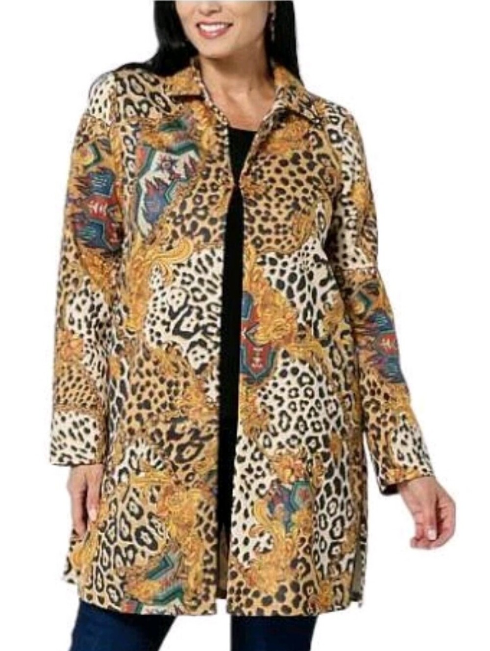IMAN Global Chic Luxe Faux Micro Suede Topper Jacket Leopard Chainlink Scroll 3X